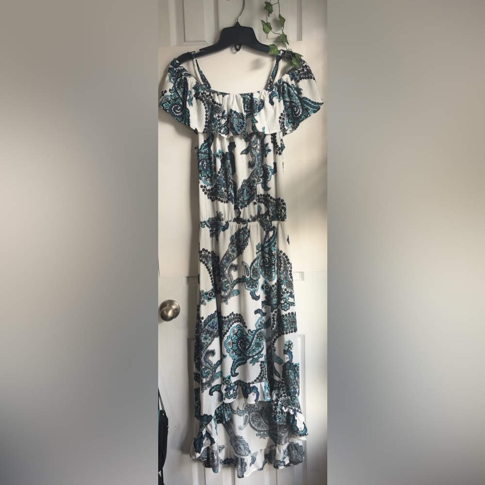 Elegant Blue and White Maxie Off-Shoulder High-low Dress